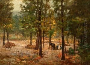 Raking Leaves In Indiana Woods