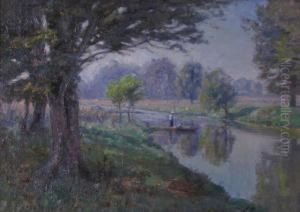 Indiana Landscape Depicting Two Boys Fishing In A Stream by Theodore Clement Steele