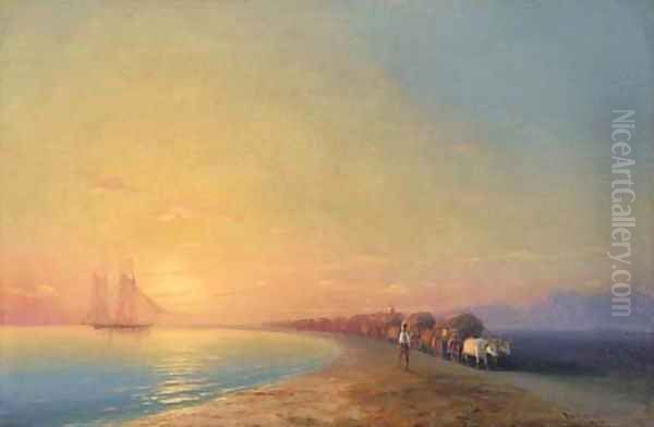 Ox train on the sea shore - view 1