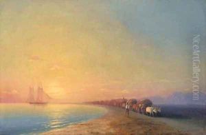 Ox train on the sea shore