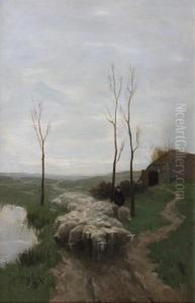 Shepherd And Flock By A Pond - view 1