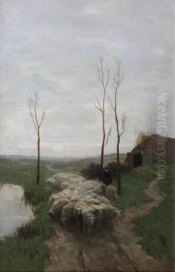 Shepherd And Flock By A Pond by Willem II Steelink