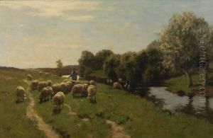 Sheep Grazing Beside A River by Willem II Steelink