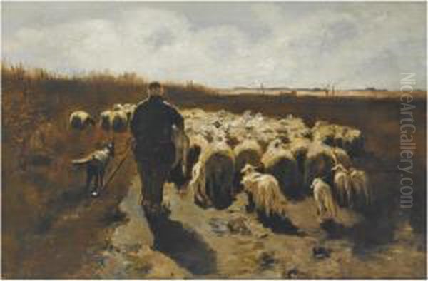 A Shepherd With His Flock In In An Autumn Landscape - view 1