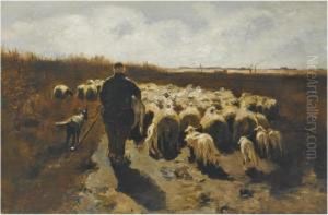 A Shepherd With His Flock In In An Autumn Landscape by Willem II Steelink