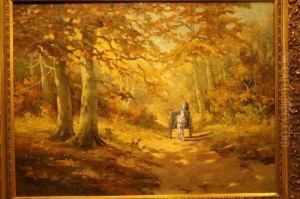 Boer Met Paard En Wagen Op Herfstboslaan