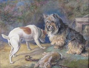 Terriers And A Ferret Guardingtheir Quarry