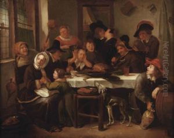 A Merry Company Eating And Drinking In An Interior - view 1