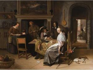 An Elegant Company In An Interior With Figures Playing Cards At A Table by Jan Steen