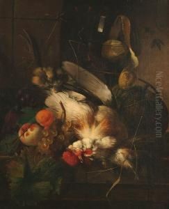 A Still-life Of A Chicken Surrounded By Fruit And Vegetables by Albertus Steenbergen
