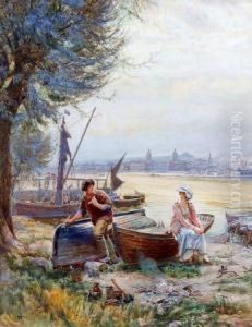 Young Lovers With Boats On The Edge Of The Thames With Greenwich Beyond by Henry Reynolds Steer