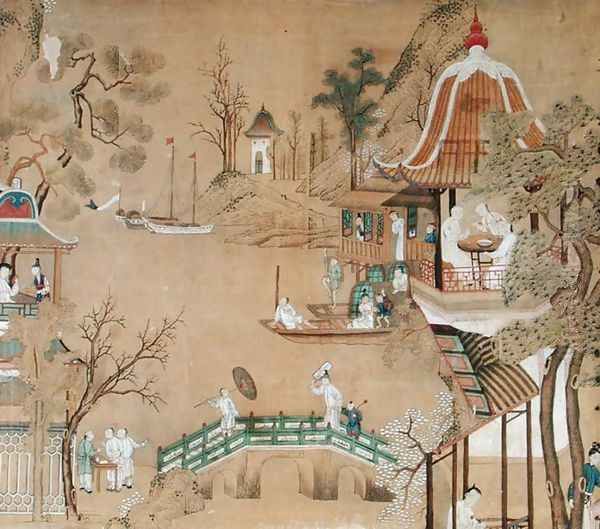 Detail of the wallpaper in the Chinese bedroom depicting a daily life scene, c.1760 - view 1