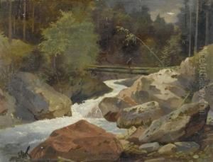 River Landscape With A Log Bridge by Johann Gottfried Steffan