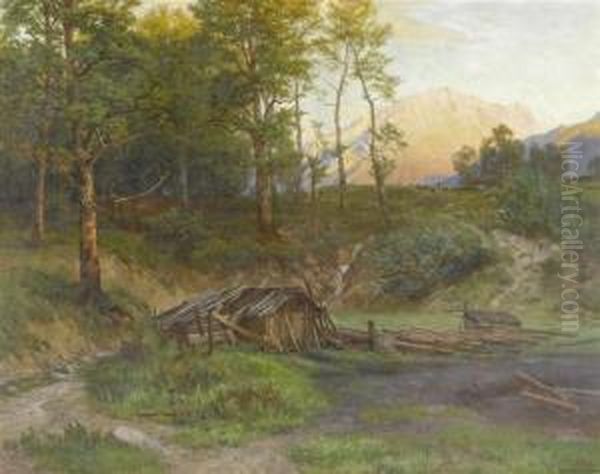 Forest Hut In A Mountain Landscape Against A Sunset - view 1