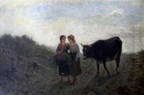 Two Girls Leading A Cow - view 1