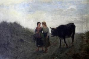 Two Girls Leading A Cow by Luigi Steffani