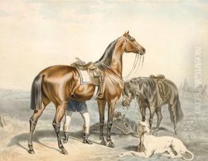 Zwei Reitpferde Und Ein Liegenderhund by Carl Steffeck