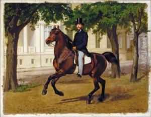 L""""elegante Cavaliere Federico Cavalcando Un Sauro Lungo Un Viale Alberato by Carl Steffeck