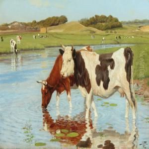 Cows By A Waterhole by Poul Steffensen