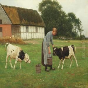 Landscape With A Girl Watering The Calfs