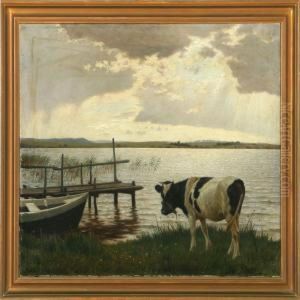 Grazing Cow At A Fiord by Povl Steffensen