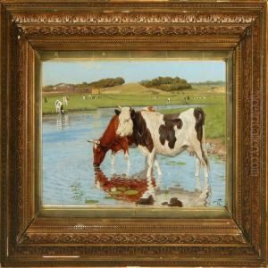 Landscape With Cows At A Small Pond by Povl Steffensen