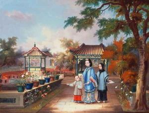 A mother with her children in a chinese garden, c.1850 by Anonymous Artist