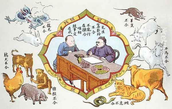 Fortune telling scene and signs of the Chinese zodiac, reproduced in 'Recherche sur les superstitions en Chine', 1911 - view 1