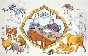 Fortune telling scene and signs of the Chinese zodiac, reproduced in 'Recherche sur les superstitions en Chine', 1911 by Anonymous Artist