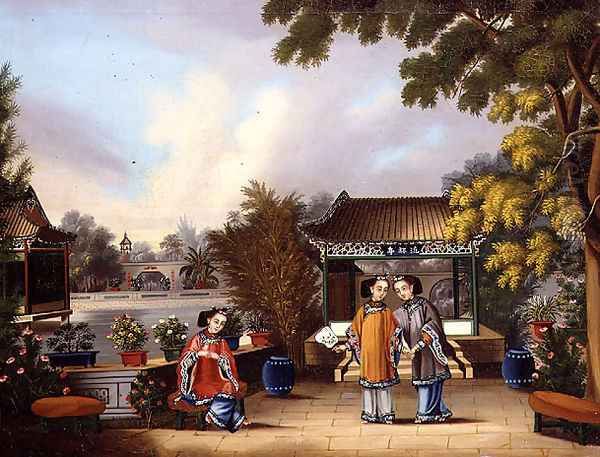 A Hong merchant's garden, Canton, with three Chinese ladies, c.1850 - view 1