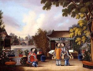 A Hong merchant's garden, Canton, with three Chinese ladies, c.1850