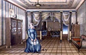 A Spinster in a Neo-Classical Sitting Room Interior, c.1835 by Anonymous Artist