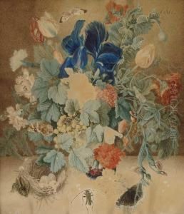 Stillleben Mit Blumen, Insekten Und Vogelnest