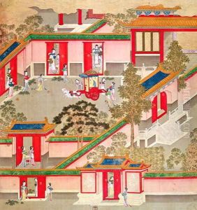 Emperor Wu Ti (156-87, r.141-87 BC), leaving his palace, from a history of Chinese emperors