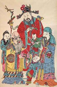 A family surrounding the God of Longevity by Anonymous Artist