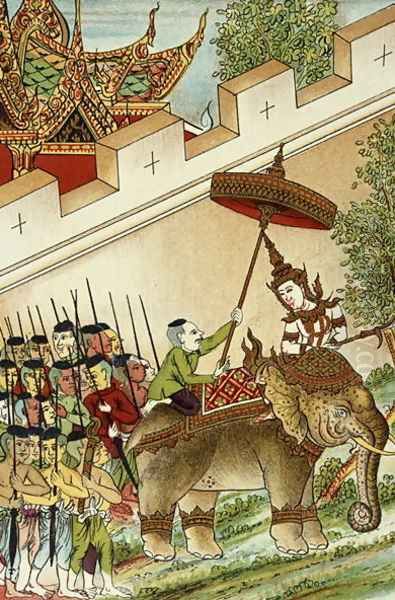 Vey Vonsga Mounting his Elephant Whilst his Army Wait, illustration from the Cambodian Legend of 'Vorvong and Saurivong', collected by Auguste Pavie on his Mission in Indo-China, 1879-95 - view 1