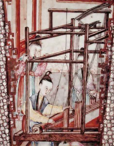 Detail from a vase depicting silk weaving - view 1