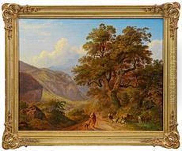 Sommerlichealpenlandschaft Mit Ziegenhirten An Einer Tranke - view 1