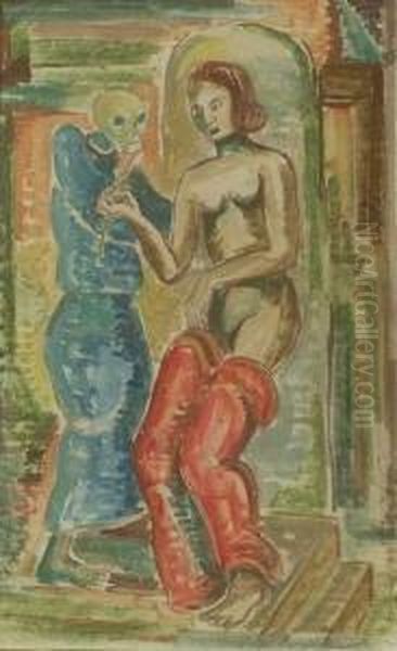 Der Tod Und Das Madchen. Gouache Auf Papier. 58,5 X 36 Cm. Signiert Und Mit Dem Nachlasstempel Versehen. Unter Glas Gerahmt. - view 1