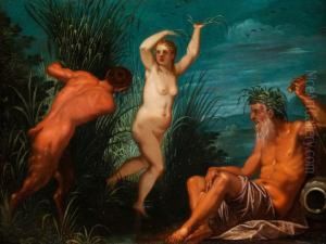 Die Wassernymphe Syrinx Zwischen Pan Unddem Flussgott Ladon by Friedrich Christoph Steinhammer