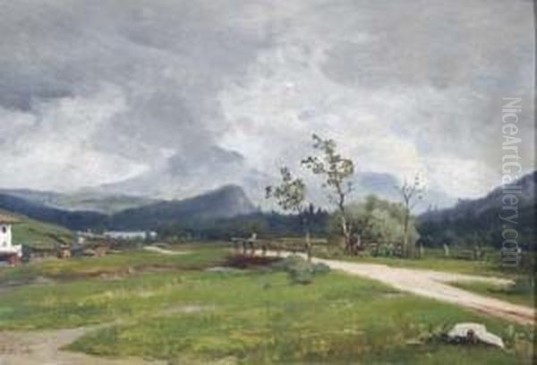Gebirgslandschaft, Links Ein Gehoft Im Hintergrund Die Berge - view 1