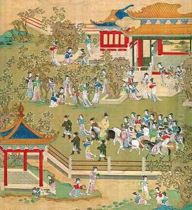 Emperor Yang Ti (581-618) strolling in his gardens with his wives, from a history of Chinese emperors 2 by Anonymous Artist