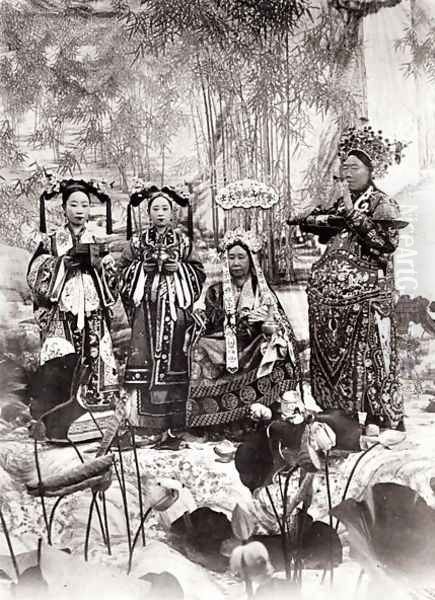 Portrait of Tz'U-Hsi (1835-1908) Empress Dowager of China accompanied by two maids of honour and a guard - view 1