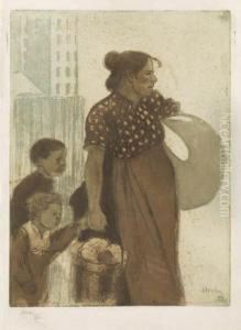 Menagere Et Enfants Rentrant De Lavoir by Theophile Alexandre Steinlen