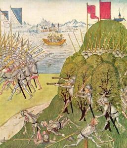 Soldiers armed with guns, lances and crossbows, from the Berner Chronik, by Diebold Schilling the Elder c.1445-85 1483