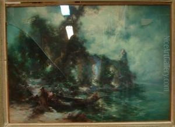 Personnages Au Bord De L'eau, Barque Et Pont - view 1