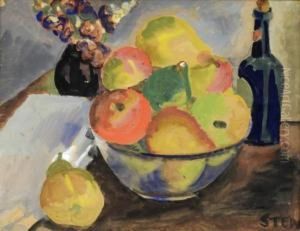 Stilleben Med Fruktskal, Flaska Och Blomstervas by John Sten