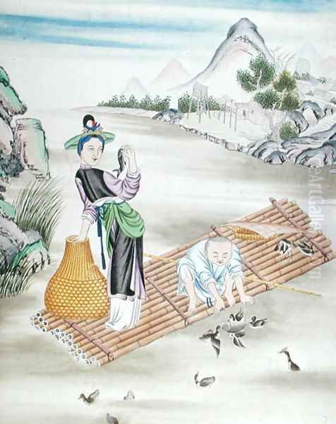Chinese using cormorants to catch fish - view 1