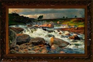Norwegian Landscape With A Roaring Waterfall by Gudmund Stenersen