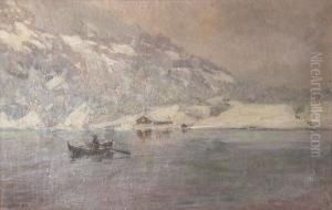 Vinterlandskap Med Roende Mann by Gudmund Stenersen